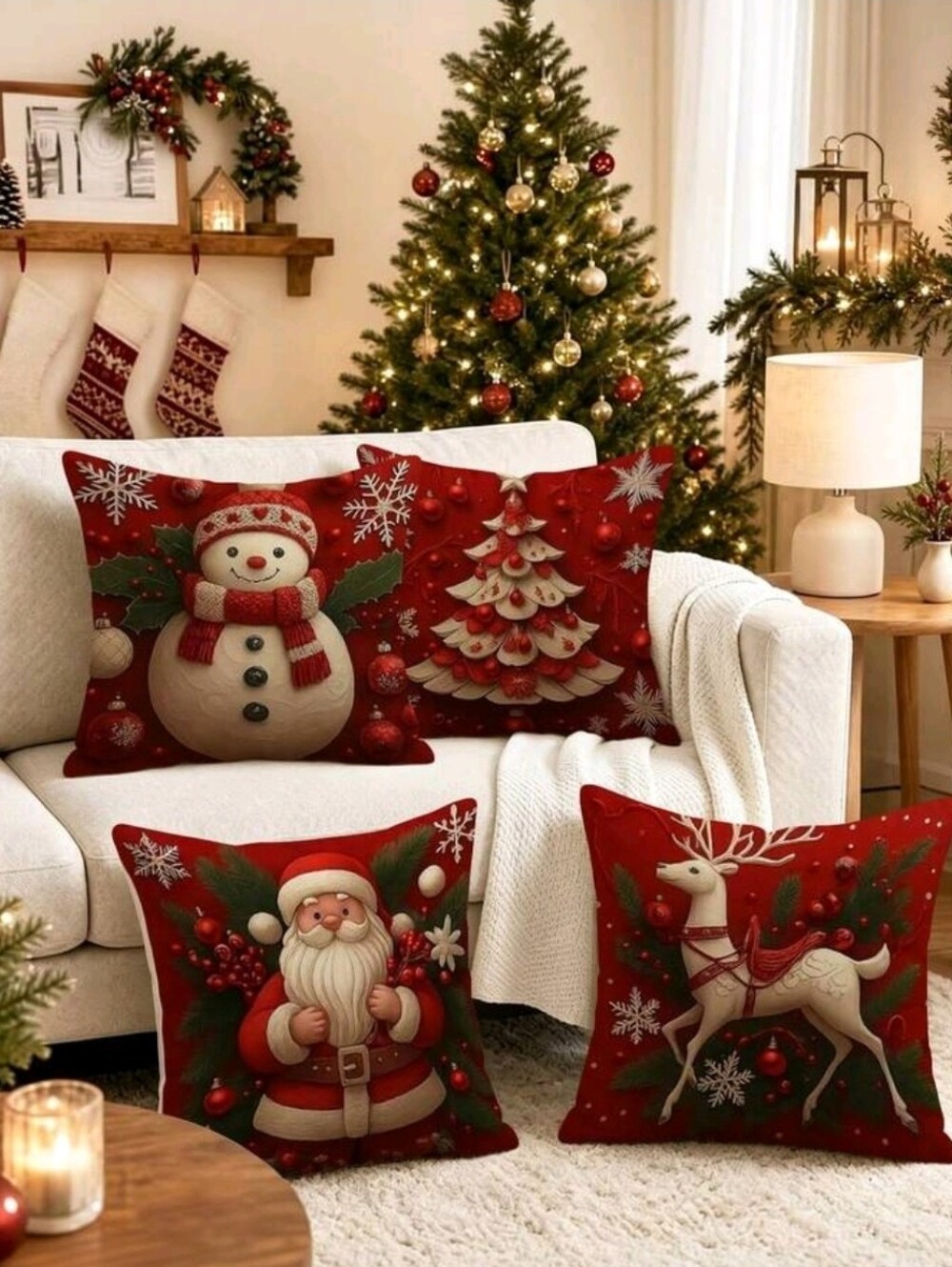 Festive Red Christmas Throw Pillow Cover Set with Holiday Characters